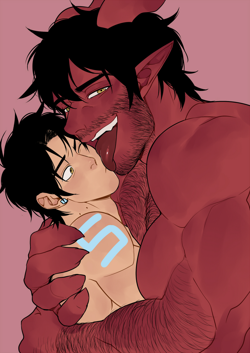 2boys arm_hair bara black_hair body_markings colored_skin demon_boy dominique_(the_devil_and_s-13) hairy horns hug licking licking_another's_face looking_at_viewer male_focus multiple_boys muscular muscular_male one_eye_closed pointy_ears red_background red_skin simple_background size_difference smile steen_(the_devil_and_s-13) suyohara teeth the_devil_and_s-13 tongue tongue_out yaoi yellow_eyes