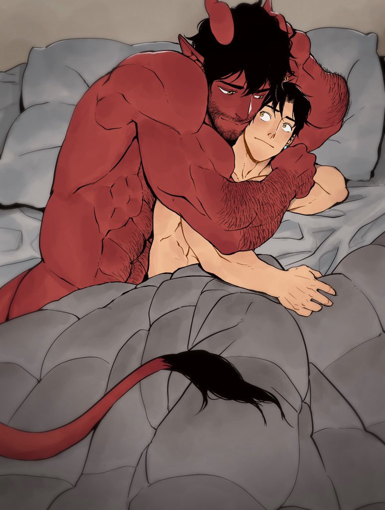 2boys abs arm_hair bara bed black_hair blanket body_hair body_markings chest_hair colored_skin cuddling demon_boy dominique_(the_devil_and_s-13) facial_hair hairy horns male_focus multiple_boys muscular muscular_male nose_piercing nude piercing pillow pointy_ears red_skin size_difference steen_(the_devil_and_s-13) stubble suyohara the_devil_and_s-13 yaoi yellow_eyes
