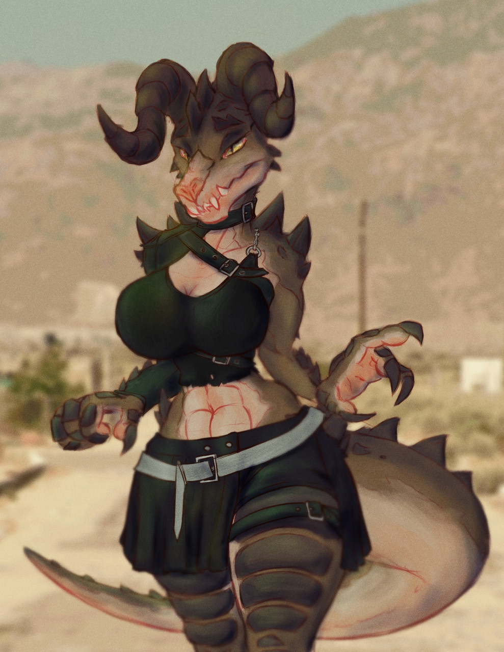 belt bethesda_softworks black_clothing bottomwear breasts claws cleavage clothed clothing deathclaw desert desert_background fallout fangs female hi_res horn looking_at_viewer skirt smile solo tail thigh_up victordantes video_games wasteland yellow_eyes