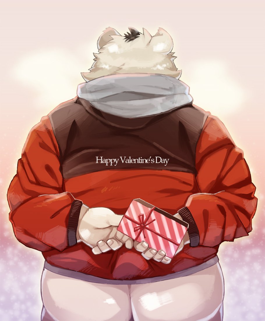 2018 anthro butt clothing fur holidays humanoid_hands male mammal nikiciy overweight overweight_male polar_bear simple_background solo sweater ursine valentine's_day white_fur