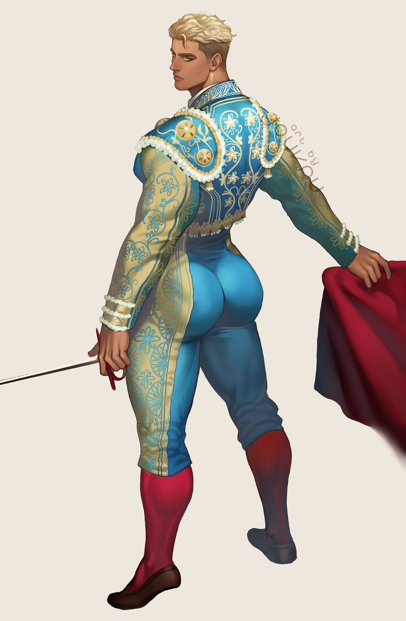 1boy artist_name ass back bara blade blonde_hair blue_eyes bullfighting cape ear_piercing earrings highres huge_ass jewelry jouvru looking_at_viewer looking_back male_focus muscular muscular_male original piercing shoes socks thick_arms thick_thighs thighs tight