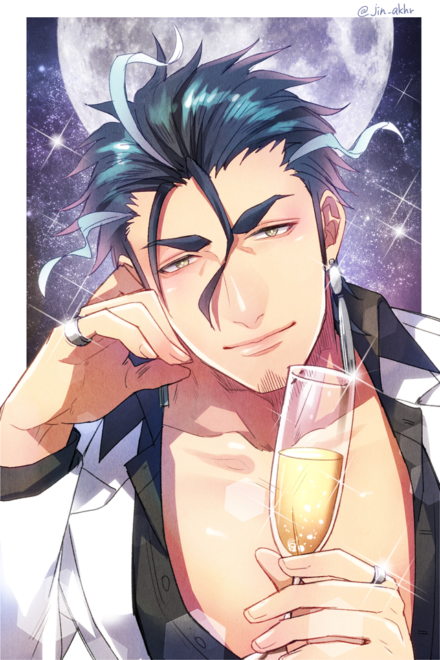 alcohol bara black_shirt blue_hair blush border champagne champagne_flute collared_shirt cup dark_blue_hair drinking_glass earrings facial_hair formal goatee hair_between_eyes hair_strand jewelry jin_akhr large_pectorals long_sideburns male_focus moon multicolored_hair muscular muscular_male outside_border partially_unbuttoned pectoral_cleavage pectorals ring shirt short_hair sideburns sky smile star_(sky) starry_sky stubble suit tokyo_afterschool_summoners tsukuyomi_(housamo) two-tone_hair white_border white_suit