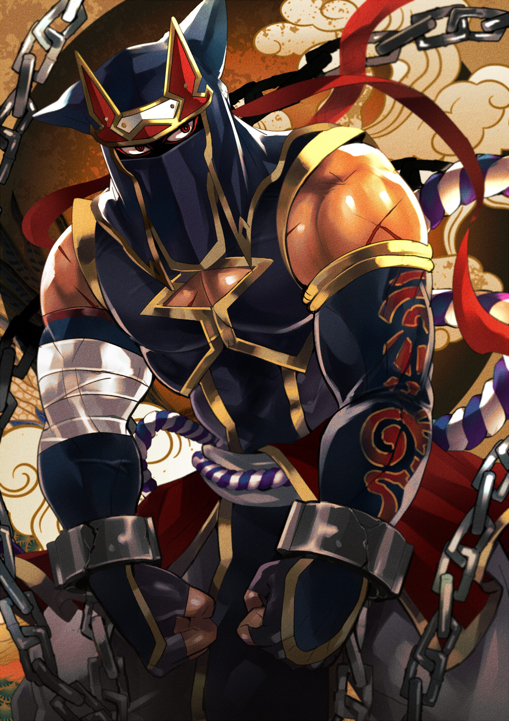 1boy armband armor bandages bara belt biceps chain cuffed cuffs gauntlets gloves highres male_focus mask masked muscular muscular_male ninja ohayashi55 original pants pectoral_cleavage pectorals red_eyes scar scar_on_arm thick_arms