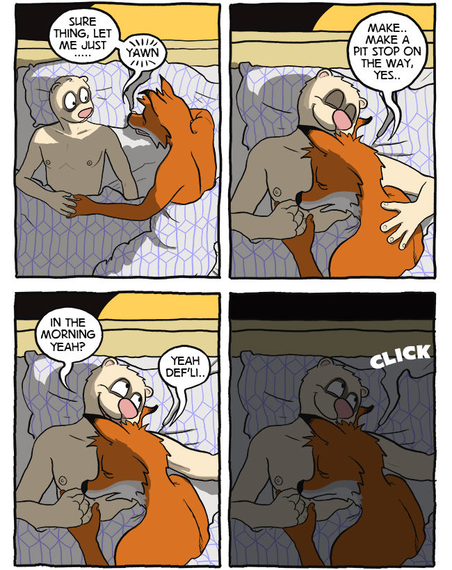 canid canine comic dialogue fox george_(maustown) going_to_sleep h.v.lukas head_on_chest male male/male mammal maustown mustelid nipples nude peter_(maustown) polecat_(mustelid)