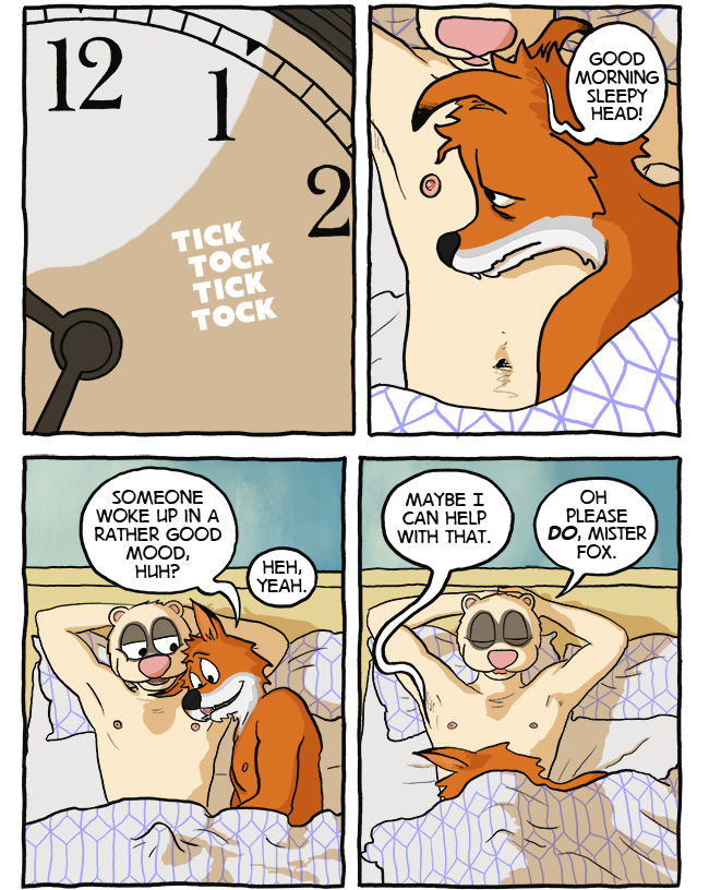 arms_behind bed bulge canid canine clock comic dialogue erection fox furniture george_(maustown) h.v.lukas male male/male mammal maustown morning_wood mustelid nipples peter_(maustown) polecat_(mustelid)