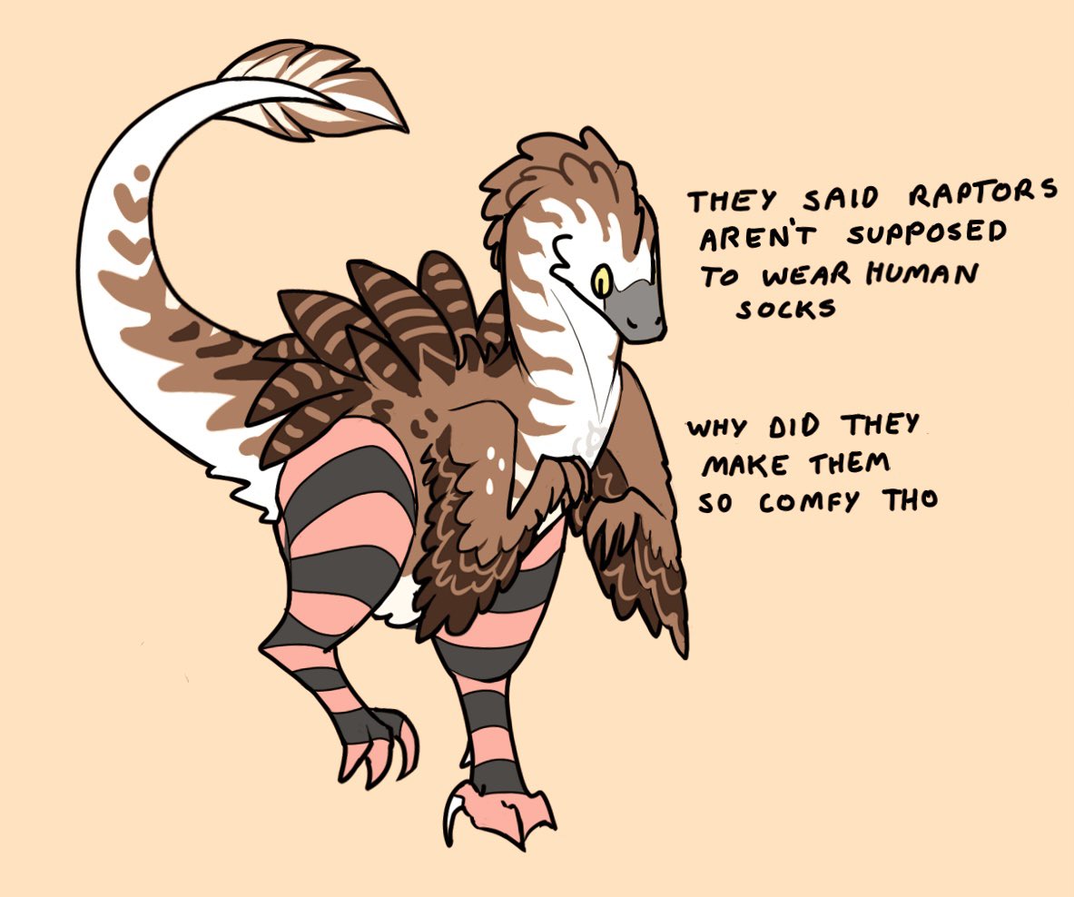 ambiguous_gender cassiopeia-rjg claws clothing dinosaur dromaeosaurid english_text feathered_wings feathers feral footwear reptile scalie simple_background socks solo text theropod toe_claws wings
