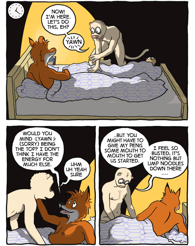 bed canid canine clock comic dialogue fox furniture george_(maustown) going_to_sleep h.v.lukas male male/male mammal maustown mustelid nipples nude open_mouth peter_(maustown) polecat_(mustelid) yawn