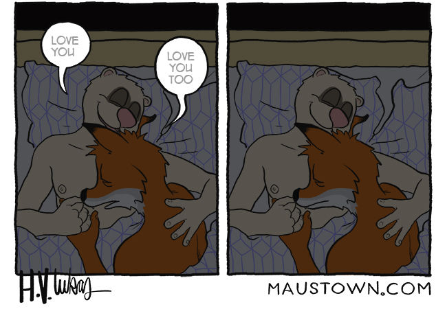 bed canid canine comic dialogue fox furniture george_(maustown) going_to_sleep h.v.lukas hand_holding head_on_chest male male/male mammal maustown mustelid peter_(maustown) polecat_(mustelid) sleeping