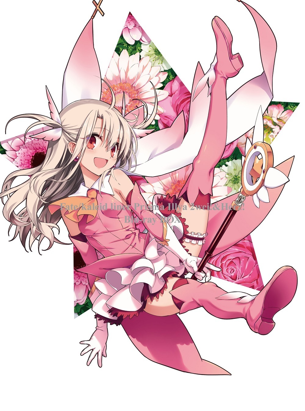 1girl ascot bare_shoulders blonde_hair boots collar cover dvd_cover earrings elbow_gloves fate/kaleid_liner_prisma_illya fate_(series) feather_hair_ornament feathers flower full_body gloves hair_ornament highres hiroyama_hiroshi holding holding_wand illyasviel_von_einzbern jewelry kaleidostick layered_gloves layered_skirt leg_up long_hair looking_at_viewer magical_girl official_art open_mouth pink_footwear prisma_illya red_eyes second-party_source skirt sleeveless smile solo star_(symbol) stud_earrings thigh_boots thigh_strap thighhighs wand zettai_ryouiki