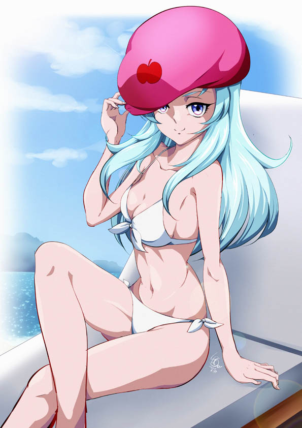 1girl bare_arms bare_legs bikini blue_eyes breasts cleavage closed_mouth collarbone crossed_legs dated front-tie_bikini front-tie_top groin hair_down happinesscharge_precure! hosshiwa lens_flare long_hair medium_breasts navel pink_headwear precure shiny shiny_hair side-tie_bikini sideboob signature silver_hair smile solo straight_hair strap_gap swimsuit tomo5656ky white_bikini