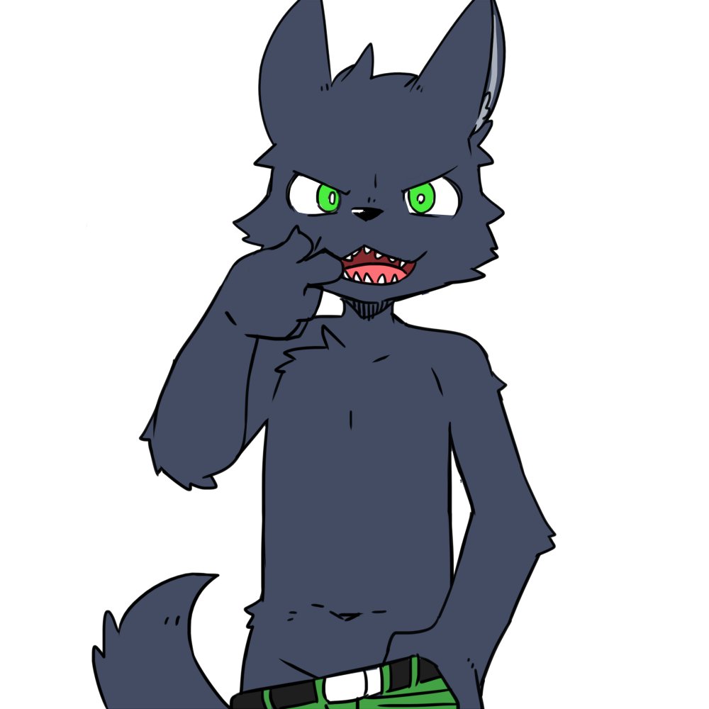 2022 anthro black_nose bottomwear bottomwear_down canid canine canis clothed clothing cross-eyed dark_body dark_fur digital_media_(artwork) fangs finger_in_mouth front_view fur green_bottomwear green_clothing green_pants grey_eyes kemono male mammal monotone_body monotone_fur navel nifuramu_(pizademokttero) pants pants_down partially_clothed pink_tongue pizademokttero portrait pupils simple_background solo three-quarter_portrait tongue topless white_background white_pupils wolf