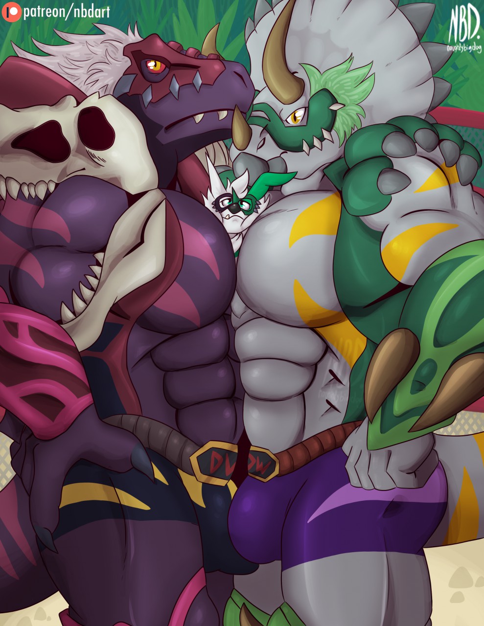 abs aladar_(character) animal_genitalia animal_penis anthro belt belt_buckle between_pecs biceps bottomwear bulge canine_penis canon_x_oc ceratopsian clothed clothing dinosaur dinowrestler_king_t._wrextle dinowrestler_pankratops duel_monster facing_each_other fan_character fangs fur genitals green_body green_fur group hi_res horn hotpants hybrid_genitalia hybrid_penis konami larger_male looking_at_viewer looking_away male mask minishorts multicolored_body multicolored_fur multicolored_scales muscular muscular_anthro muscular_male naughtybigdog nintendo ornithischian pecs penis pok&eacute;mon pok&eacute;mon_(species) purple_body purple_stripes reptile scales scalie shorts signature size_difference smaller_male stripes theropod triceratops two_tone_body two_tone_fur two_tone_scales tyrannosaurid tyrannosaurus tyrannosaurus_rex video_games white_body white_fur yellow_eyes yellow_stripes yu-gi-oh zangoose