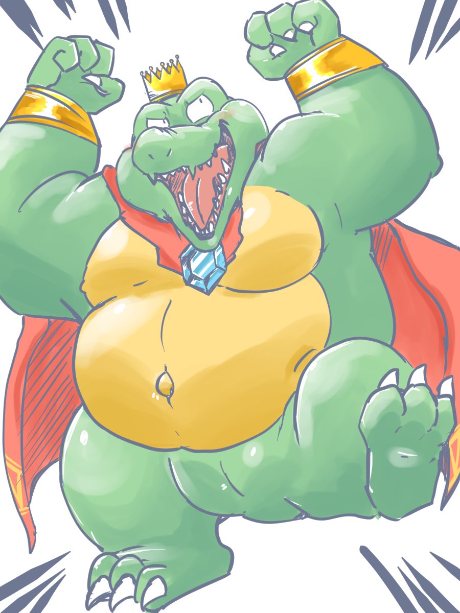 2022 anthro blush cape clothing crown dain_4201 donkey_kong_(series) green_body hi_res humanoid_hands kemono king_k._rool kremling male nintendo overweight overweight_male scalie slit solo video_games
