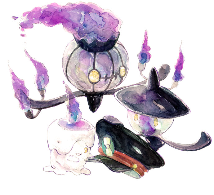 black_headwear borrowed_garments candle chandelier chandelure evolutionary_line fire full_body hat hat_removed headwear_removed lampent lantern litwick nijimi_2103 no_humans peaked_cap pokemon pokemon_(creature) purple_fire purple_theme simple_background traditional_media white_background yellow_eyes