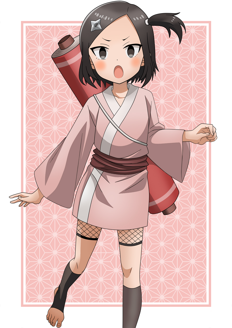 1girl black_eyes black_hair fishnet_legwear fishnets hair_ornament highres japanese_clothes kimono kunoichi_tsubaki_no_mune_no_uchi ninja obi open_mouth riokasen sash scroll scroll_tube short_kimono toeless_legwear toenails toes touwata_(kunoichi_tsubaki_no_mune_no_uchi)