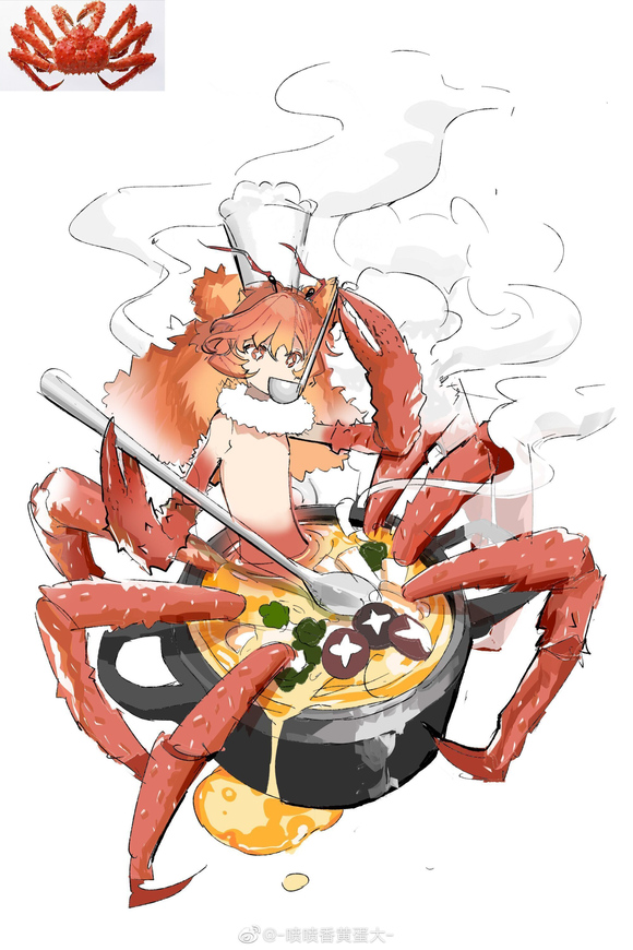 ambiguous_gender animal_humanoid arthropod chinese_text clothing cooking crab crustacean decapoda food fungus hat headgear headwear humanoid malacostracan marine mushroom nude signature simple_background solo soup text white_background
