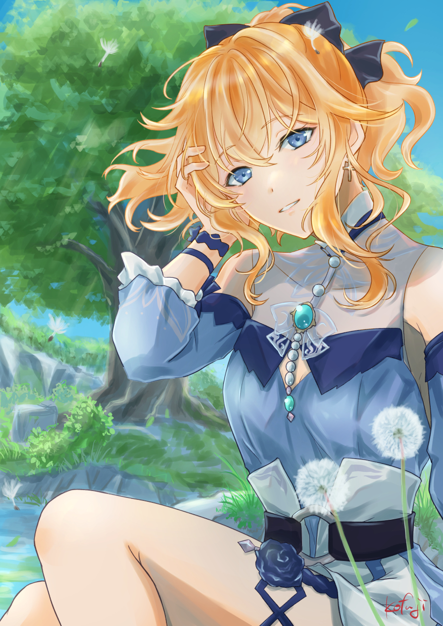 1girl adjusting_hair blonde_hair blue_eyes blue_shirt collarbone cross cross_earrings detached_sleeves earrings eyebrows_visible_through_hair genshin_impact hand_in_hair high-waist_shorts highres jean_(genshin_impact) jean_(sea_breeze_dandelion)_(genshin_impact) jewelry long_hair looking_at_viewer o-ring o-ring_top official_alternate_costume outstretched_arms parted_lips ponytail see-through shirt shirt_tucked_in shou_fuji signature silver_hair smile solo tree wind