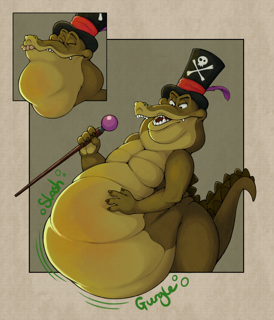 2022 4_fingers abdominal_bulge alligator alligatorid anthro belly big_belly clothing crocodilian digestion digestion_noises disney dr._facilier duo eyes_closed fangs fatal_vore fingers half-closed_eyes hand_on_stomach hat hat_only headgear headgear_only headwear headwear_only holding_object holding_staff human looking_at_belly looking_down louis_(tpatf) male mammal mostly_nude multiple_images narrowed_eyes neck_bulge nude obese obese_anthro obese_male open_mouth oral_vore overweight overweight_anthro overweight_male paws raised_tail reptile rhysscribbles scales scalie soft_vore staff standing the_princess_and_the_frog top_hat vore