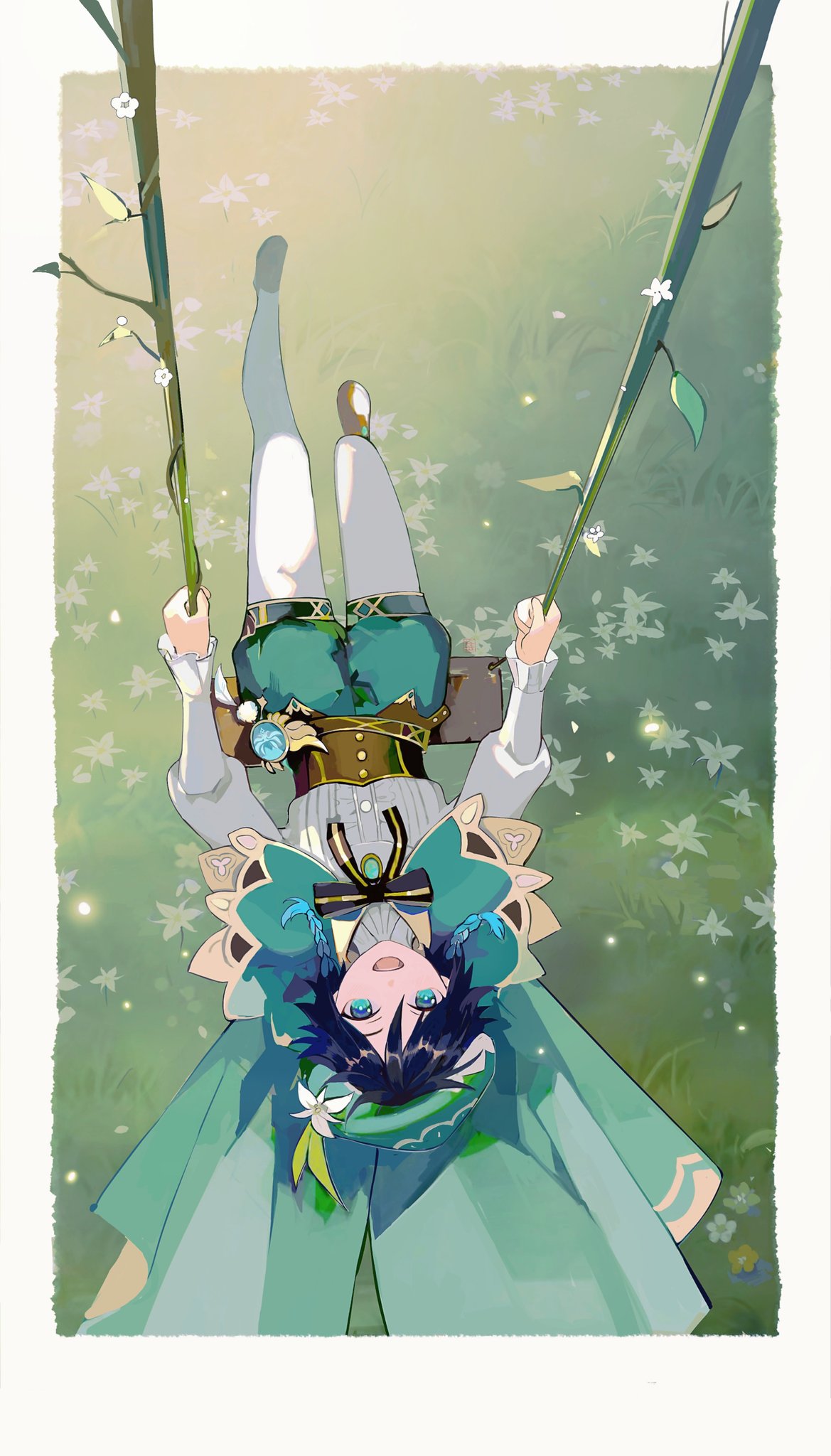 1boy :d androgynous aqua_eyes aqua_hair beret black_hair bow braid brown_footwear collared_cape flower frilled_sleeves frills genshin_impact gold_trim gradient_hair grass green_headwear green_shorts hat hat_flower highres juliet_sleeves loafers long_sleeves male_focus multicolored_hair open_mouth pantyhose plant puffy_sleeves qingxin_gua_yu shirt shoes short_hair_with_long_locks shorts side_braids smile solo swing_set swinging twin_braids two-tone_hair upside-down venti_(genshin_impact) vines vision_(genshin_impact) white_background white_flower white_legwear white_shirt