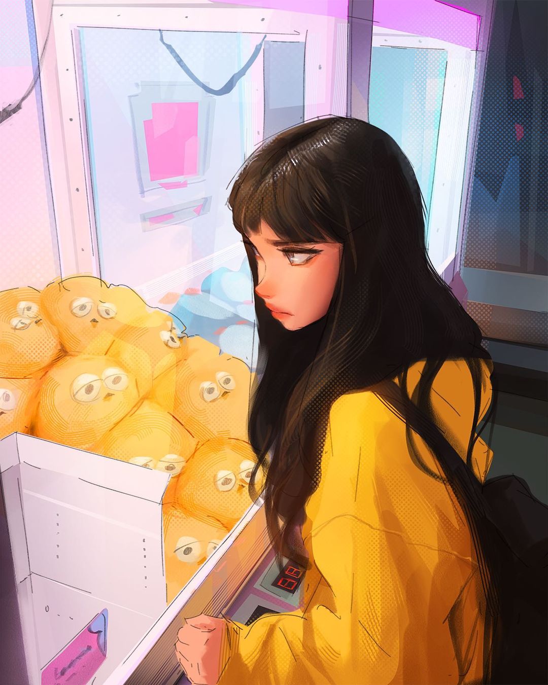 1girl brown_eyes closed_mouth highres lips long_hair long_sleeves playing profile sam_yang solo stuffed_toy