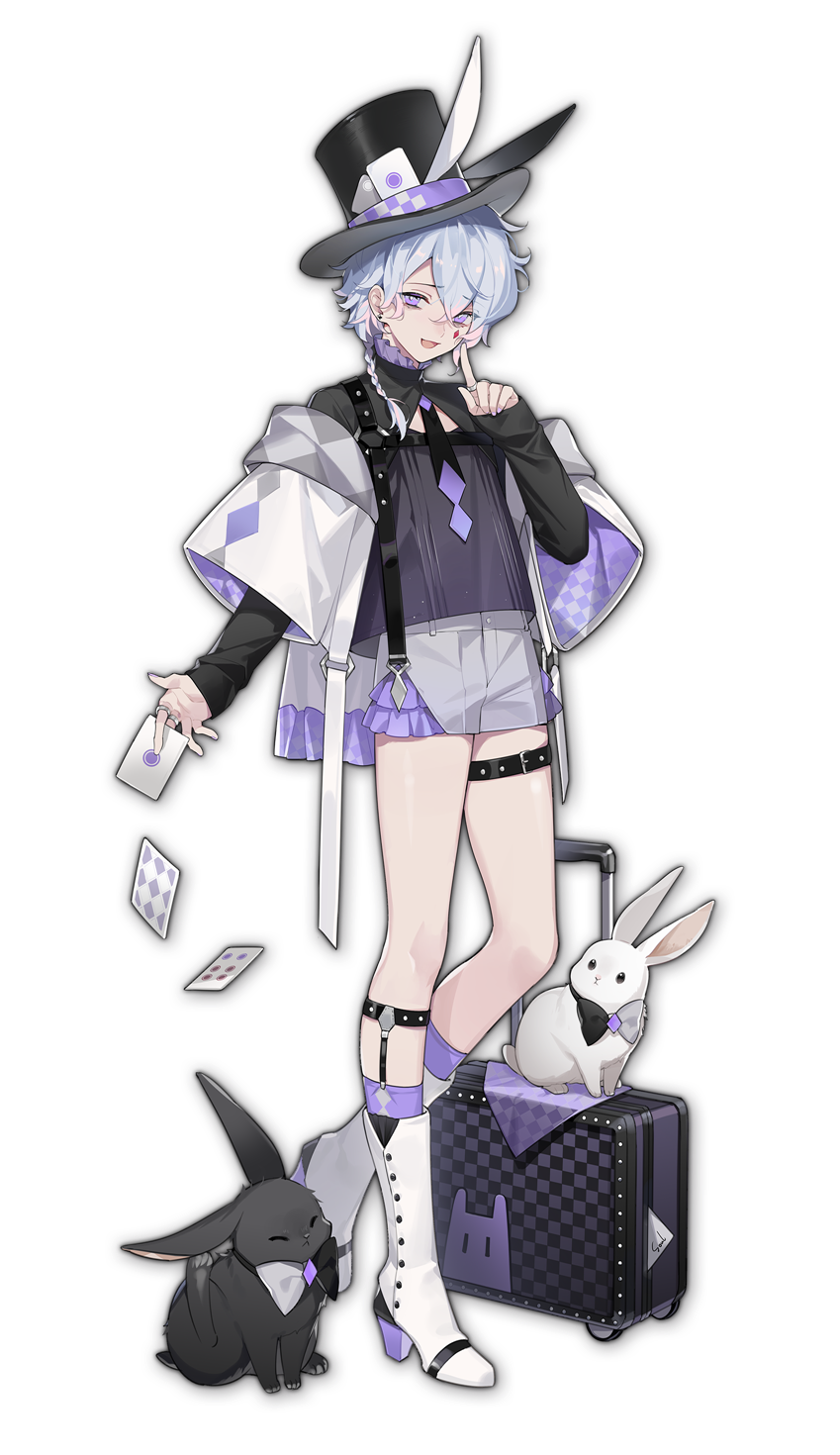 1boy animal artist_request boots bow bowtie braid buckle bunny card dropping earrings hair_between_eyes hat highres holding holding_card jewelry luggage mahjong_soul male_focus official_art open_mouth playing_card purple_eyes ring ryan_(mahjong_soul) short_shorts shorts solo standing stud_earrings top_hat transparent_background white_footwear white_hair yostar