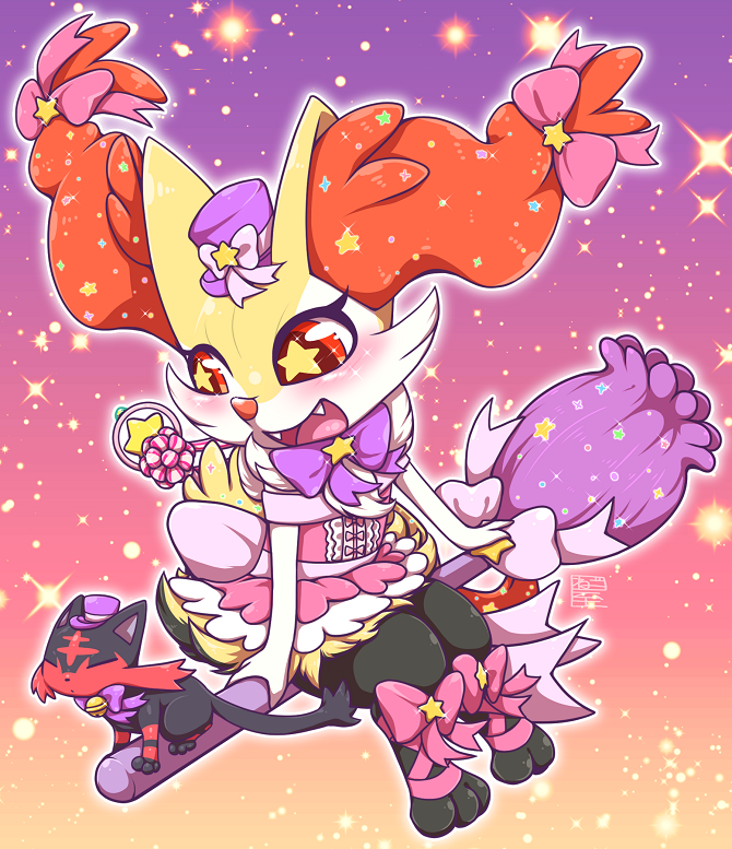 1girl animal_ear_fluff animal_ears animal_feet animal_nose ankle_ribbon artist_name bell black_fur blush body_fur bow bowtie braixen broom broom_riding cat chibi closed_eyes clothed_pokemon commentary_request dress fangs flat_chest fox_ears fox_girl fox_tail frilled_dress frills fur_collar furry furry_female gradient gradient_background hair_bow happy hat hat_bow jingle_bell litten looking_to_the_side magical_girl mini_hat mini_top_hat neck_bell negoya off-shoulder_dress off_shoulder open_mouth outline pink_bow pink_dress pink_ribbon pokemon pokemon_(creature) purple_bow purple_bowtie purple_headwear red_eyes ribbon short_dress sidesaddle signature smile snout solo_focus sparkle star-shaped_pupils star_(symbol) symbol-shaped_pupils tail top_hat wand white_fur white_outline yellow_fur