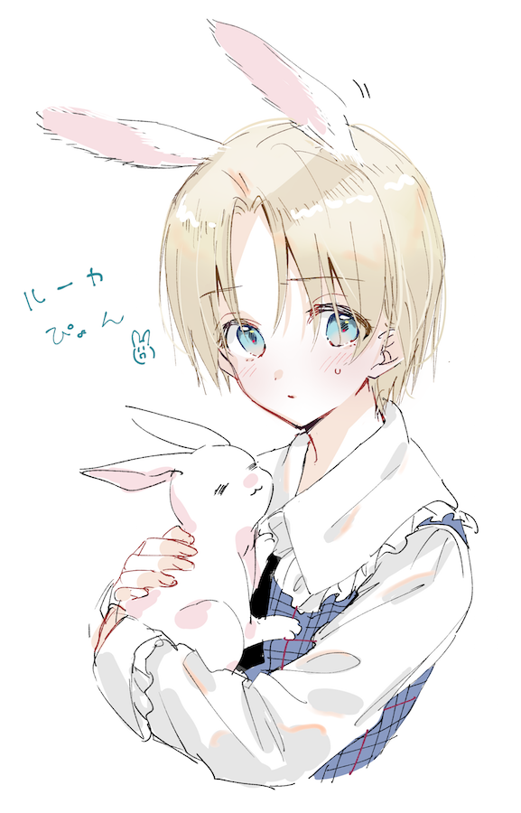 1boy :3 =_= animal animal_ears bangs blonde_hair blue_eyes blush bunny character_request closed_eyes closed_mouth collared_shirt cropped_torso eyebrows_visible_through_hair frilled_shirt_collar frills gakuen_alice holding holding_animal kemonomimi_mode long_sleeves looking_at_viewer male_focus ouri_(aya_pine) parted_bangs rabbit_ears shirt simple_background solo sweat upper_body white_background white_shirt
