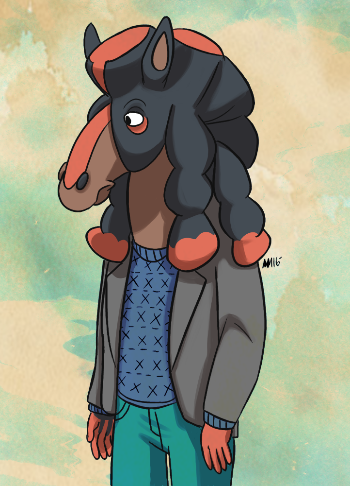 annie-mae black_eyes black_hair bojack_horseman bojack_horseman_(character) bottomwear brown_body clothing equid equine hair horse jacket male mammal mudsdale netflix nintendo pants pok&eacute;mon pok&eacute;mon_(species) solo sweater topwear video_games