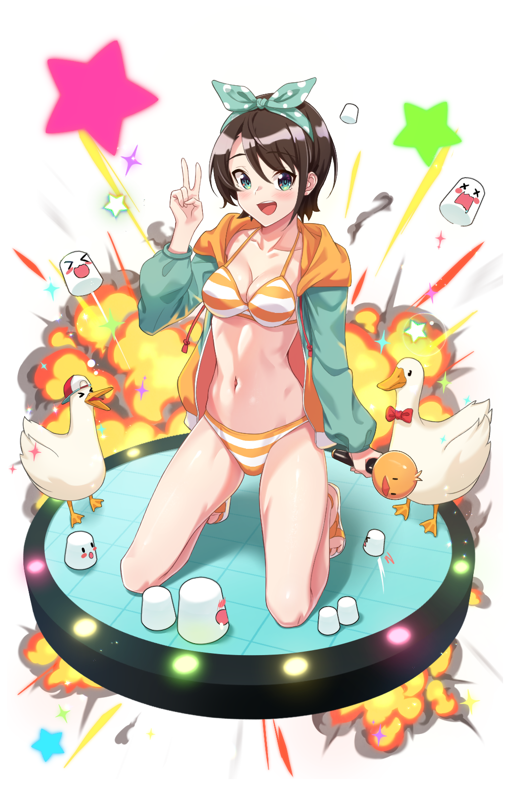 1girl angrykuma bangs bikini bird black_hair blue_eyes blue_jacket breasts commentary_request cropped_jacket duck explosion hair_ribbon highres hololive jacket kneeling medium_breasts oozora_subaru polka_dot polka_dot_ribbon ribbon short_hair striped striped_bikini subaru_duck swept_bangs swimsuit virtual_youtuber yellow_bikini