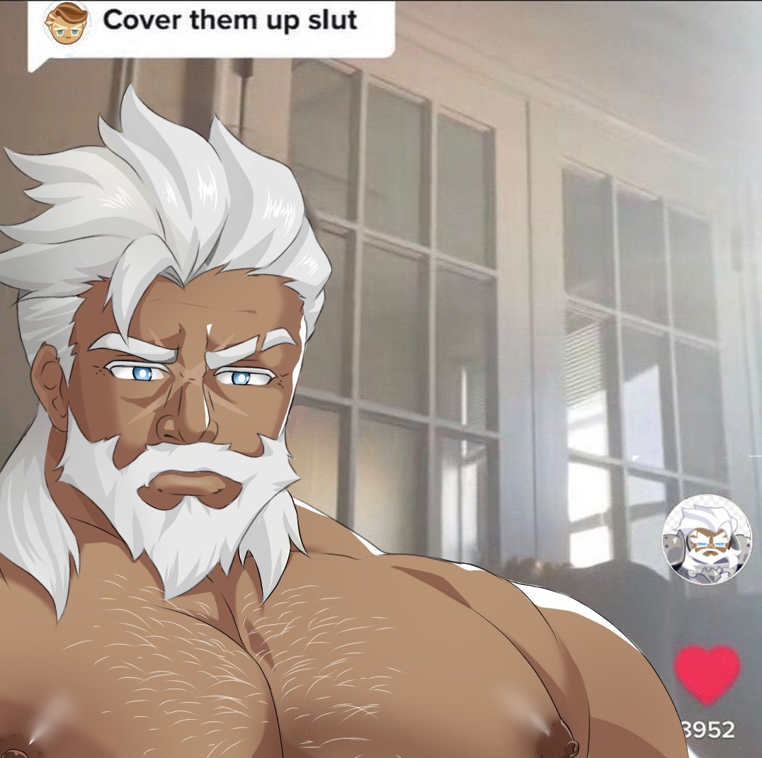 1boy bara beard blue_eyes chest_hair cookie_run cover_them_up_slut_(meme) dark-skinned_male dark_skin facial_hair heart kaido_(62145659) large_pectorals looking_at_viewer male_focus manly mature_male meme muscular muscular_male nipples pectorals scar scar_on_face tea_knight_cookie text_focus thick_eyebrows topless topless_male white_hair