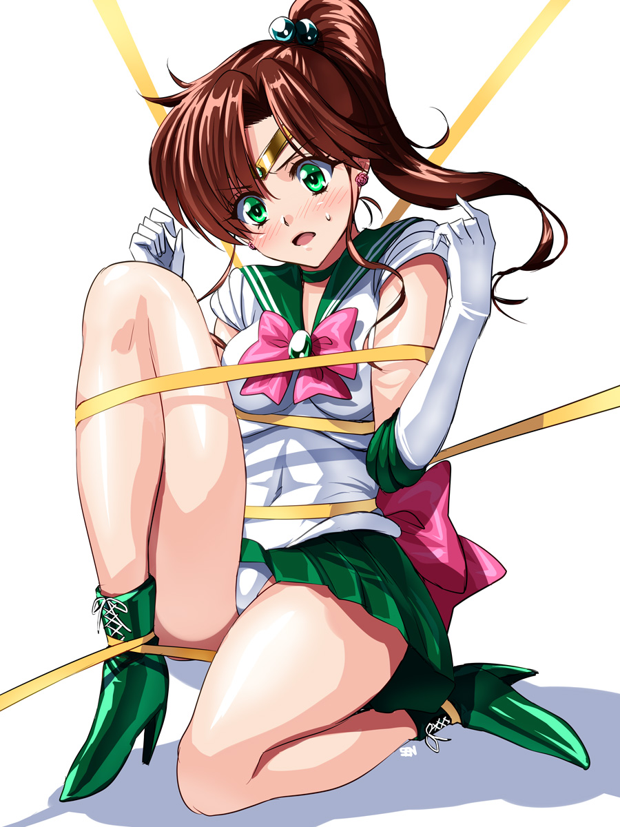 1girl back_bow bishoujo_senshi_sailor_moon boots bow brown_hair choker circlet commentary_request cross-laced_footwear elbow_gloves full_body gloves green_choker green_eyes green_footwear green_sailor_collar green_skirt hair_bobbles hair_ornament highleg highleg_leotard highres kino_makoto lace-up_boots leotard pink_bow pleated_skirt ponytail restrained ribbon rose_earrings sailor_collar sailor_jupiter sailor_senshi sailor_senshi_uniform sen_(sansui) shiny simple_background skirt solo white_background white_gloves white_leotard