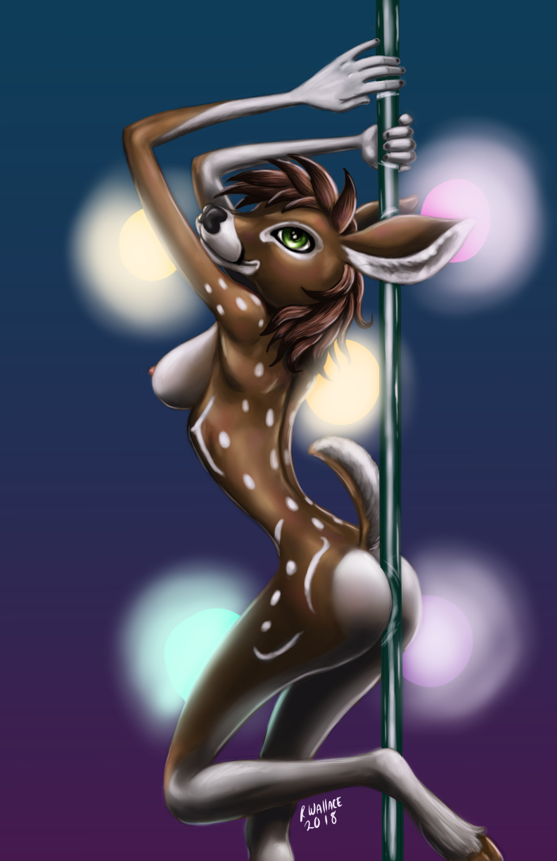 2018 5_fingers alchemy_(character) anthro breasts brown_hair butt captaintitanic cervid cervine dancing digital_media_(artwork) female green_eyes hair hi_res hooves inside lights looking_at_viewer mammal nipples nude pole pole_dancing short_tail smile solo stripper