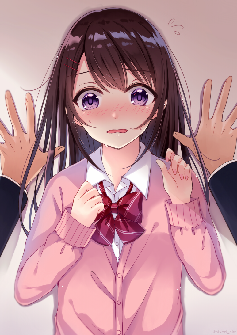 1boy 1girl bangs blush bow brown_hair cardigan collared_shirt commentary_request dress_shirt eyebrows_visible_through_hair fingernails flying_sweatdrops hands_up long_hair long_sleeves nail_polish nose_blush original out_of_frame parted_lips pink_cardigan pink_nails pov pov_hands purple_eyes red_bow sakura_hiyori school_uniform shirt sleeves_past_wrists solo_focus sweat upper_body wall_slam white_shirt