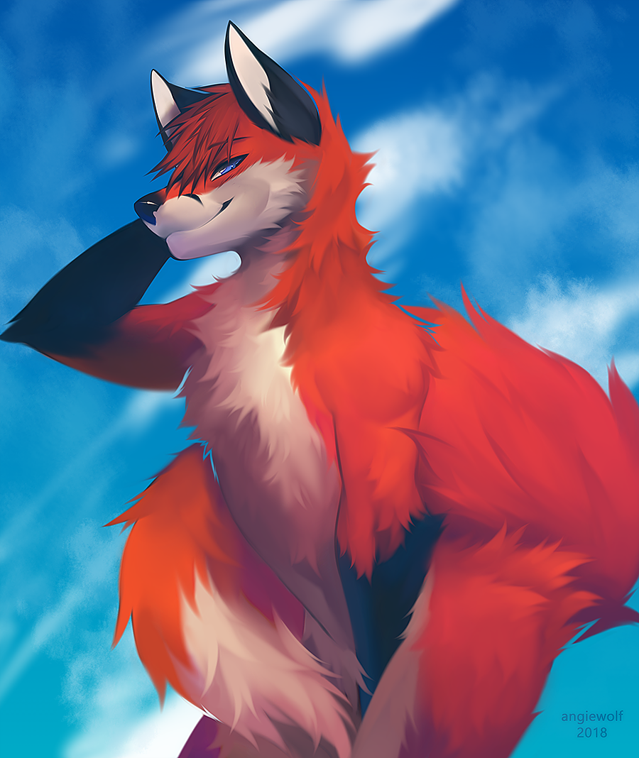 2019 angiewolf anthro black_nose blue_eyes canid canine day detailed_background digital_media_(artwork) fluffy fluffy_tail fox male mammal outside sky solo standing