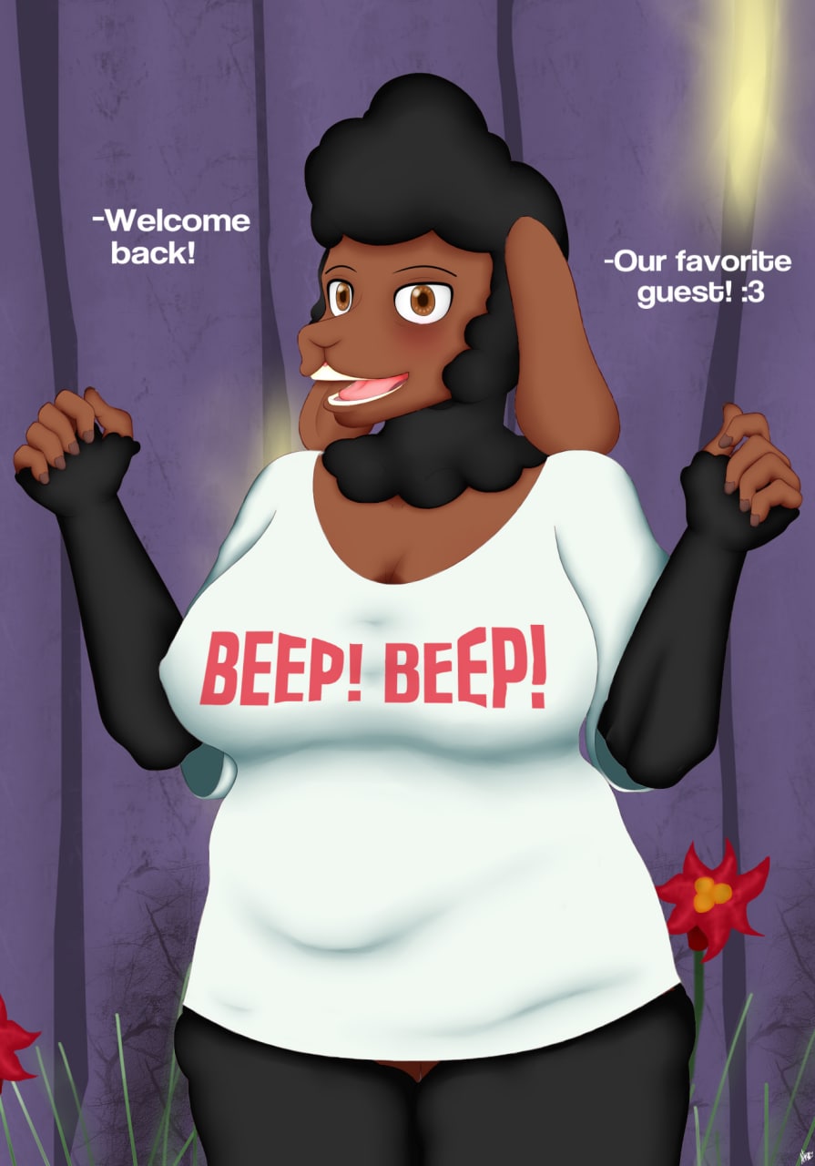 anthro big_breasts black_body black_fur blush bovid breasts brown_body brown_eyes caprine chocolate_(cueliton) clothing cueliton curvaceous curvy_figure dialogue digital_media_(artwork) domestic_sheep female fur hi_res mammal napolitan_trio_(cueliton) open_mouth sheep slightly_chubby smile solo thick_thighs voluptuous