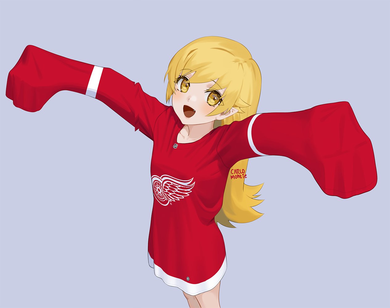 1girl :d alternate_costume artist_name bakemonogatari bangs blonde_hair blue_background bottomless carlo_montie commission detroit_red_wings fang hockey_sweater ice_hockey long_hair looking_at_viewer monogatari_(series) national_hockey_league open_mouth oshino_shinobu outstretched_arms pointy_ears simple_background sleeves_past_fingers sleeves_past_wrists smile solo standing yellow_eyes