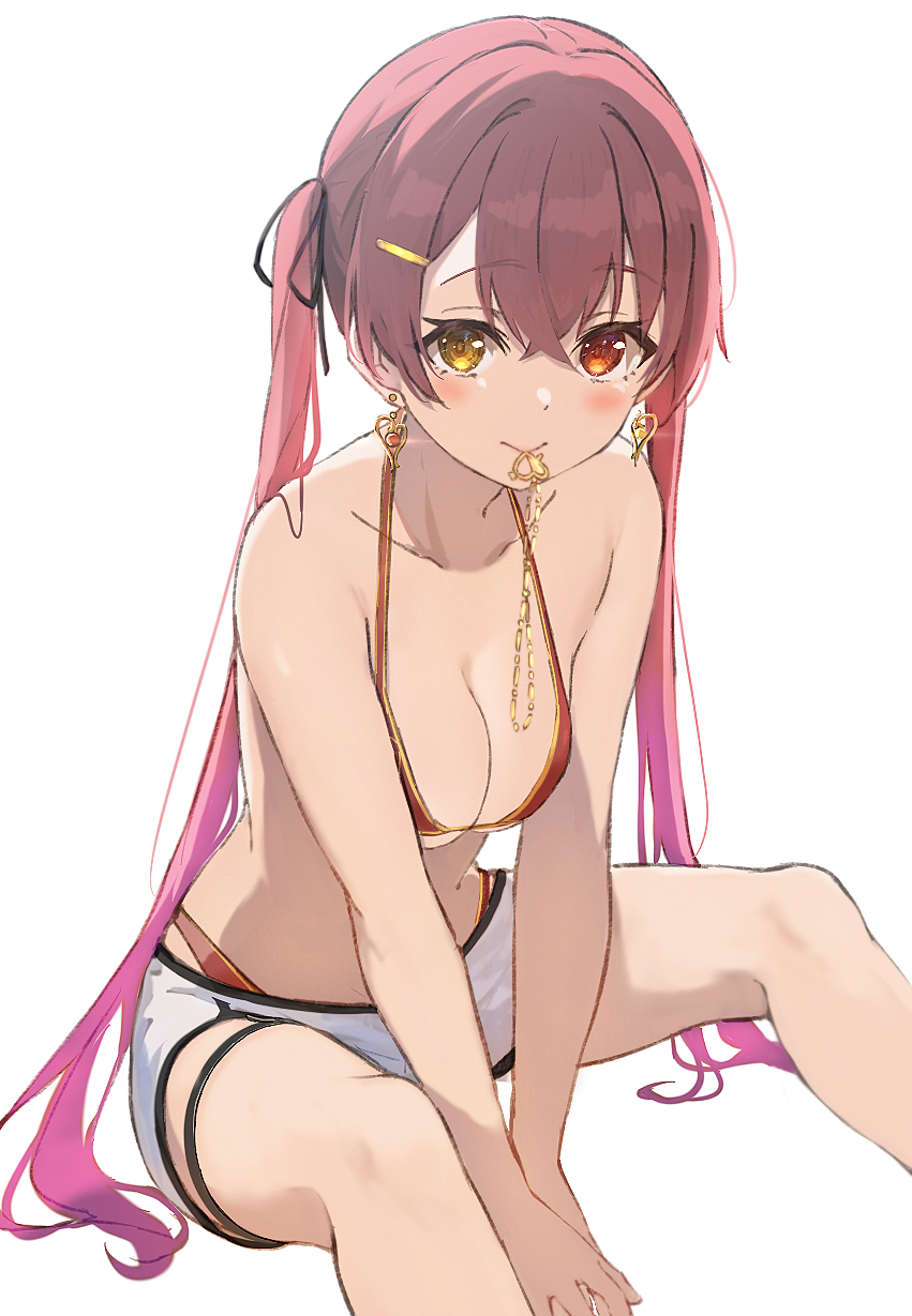 1girl bangs bare_arms bare_shoulders between_legs bikini black_ribbon blush breasts cleavage closed_mouth collarbone commentary_request earrings eyebrows_visible_through_hair feet_out_of_frame gold_necklace gradient_hair hair_ornament hair_ribbon hairclip hand_between_legs heart heart_earrings heart_necklace heterochromia highres hololive houshou_marine icehotmilktea invisible_floor jewelry long_hair looking_at_viewer medium_breasts mouth_hold multicolored_hair pink_hair red_bikini red_eyes red_hair revision ribbon short_shorts shorts simple_background sitting smile solo spread_legs swimsuit thigh_strap very_long_hair virtual_youtuber white_background white_shorts yellow_eyes
