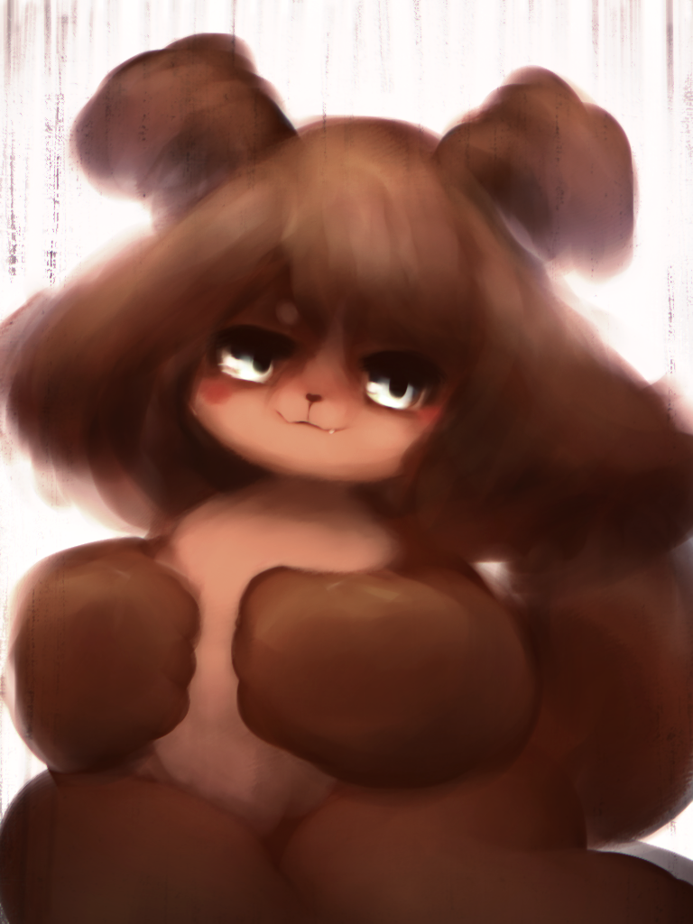 3_fingers anthro ban_ban_(hasukii) bangs black_eyelashes black_pupils blue_eyes blush brown_body brown_fur brown_hair brown_nose brown_tail canid canine circle_eyebrows cute_fangs eyebrows female fingers floppy_ears fluffy fluffy_tail fur hair hand_on_stomach hasukii kemono long_hair looking_aside mammal pupils sitting smile solo white_body white_eyebrows white_fur