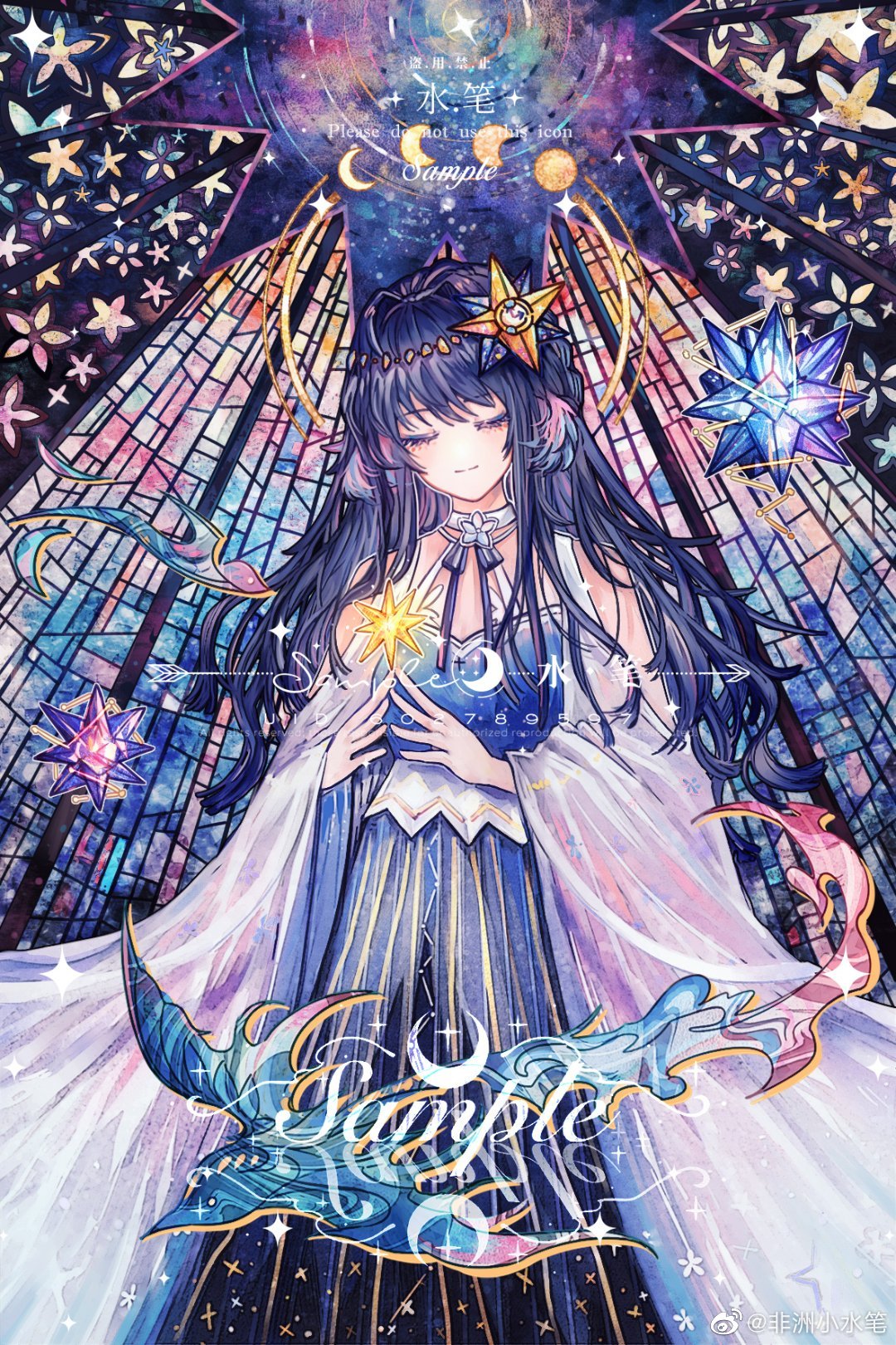 1girl alternate_costume arknights astesia_(arknights) bird blue_dress blue_hair closed_eyes dress eyelashes feet_out_of_frame fingers_together floral_print flying hair_ornament halo highres long_hair long_sleeves moon_phases nebula polaris_(star) ribbon sample_watermark sky slight_smile smile solo spirit stained_glass standing star_(sky) star_(symbol) star_trail starry_sky