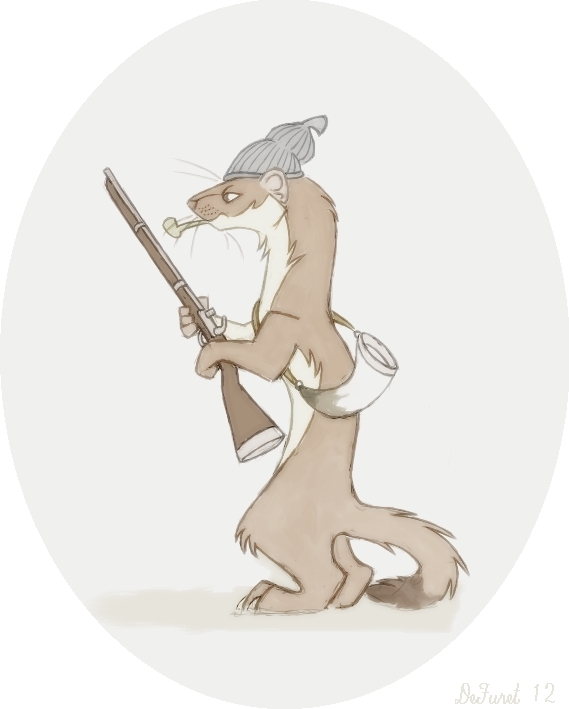 anthro defuret feral gun holding_object male mammal musket mustela mustelid musteline parody pipe ranged_weapon solo stoat toque true_musteline weapon