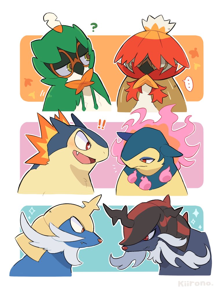 ... 2022 ? ambiguous_gender artist_name beak blue_body blue_skin cute_fangs decidueye exclamation_point eye_contact facial_hair fangs feral fire group hisuian_decidueye hisuian_samurott hisuian_typhlosion kiirono looking_at_another nintendo pok&eacute;mon pok&eacute;mon_(species) red_eyes red_nose regional_form_(pok&eacute;mon) samurott simple_background typhlosion video_games