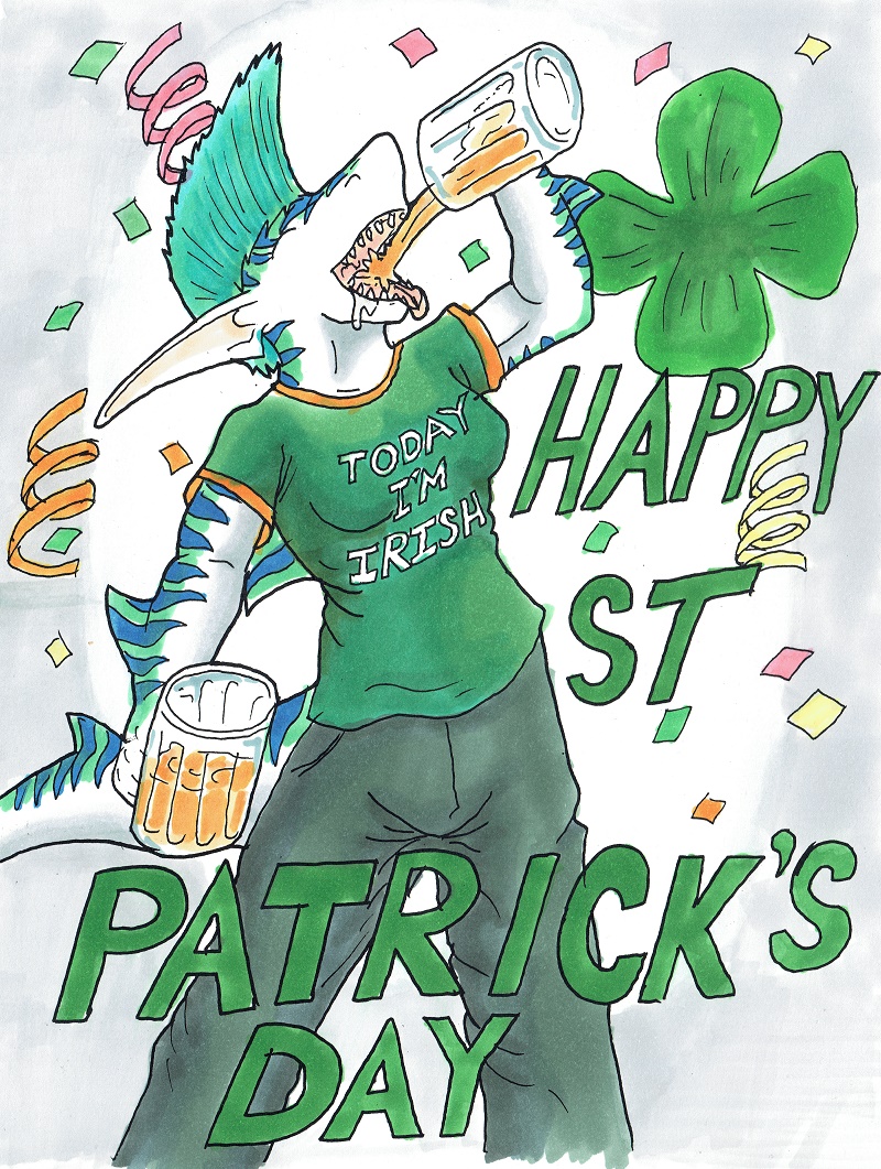 anthro beverage celebration clothed clothing clover confetii drinking female fish holidays marine mugs nyghtmar3 party roxy shamrock shark solo stpatricksday2022 stpatricksdayart tigershark twohands