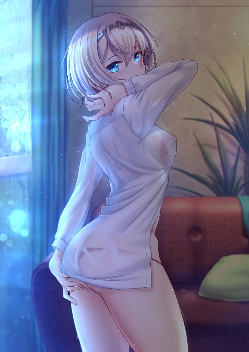 1girl alternate_hair_length alternate_hairstyle bangs black_panties blonde_hair blue_eyes blush bra breasts commentary_request couch curtains cushion dress_shirt hair_between_eyes hand_in_hair hand_on_own_ass indoors kantai_collection lace_trim long_sleeves looking_at_viewer medium_breasts panties pink_bra plant ryu-akt see-through shirt short_hair solo tiara underwear victorious_(kancolle) white_shirt window