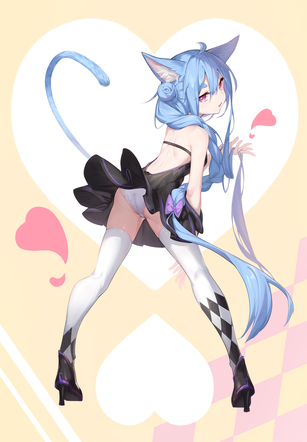 1girl ahoge animal_ear_fluff animal_ears ass back backless_dress backless_outfit black_dress black_footwear blue_hair braid dress from_behind full_body hair_bun heart heart_background high_heels highres long_hair looking_at_viewer looking_back mishuo_(misuo69421) original panties parted_lips pink_eyes solo tail tail_raised thick_eyebrows thighhighs underwear upskirt very_long_hair white_legwear white_panties