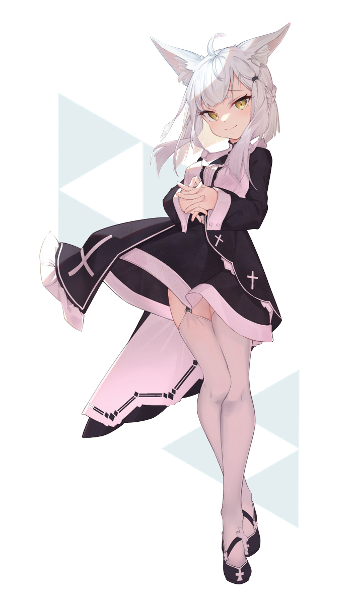 1girl ahoge animal_ear_fluff animal_ears bangs black_dress black_footwear blush closed_mouth dress eyebrows_visible_through_hair full_body highres long_hair long_sleeves looking_at_viewer mishuo_(misuo69421) original own_hands_clasped own_hands_together shoes silver_hair simple_background smile solo thighhighs white_background white_legwear yellow_eyes