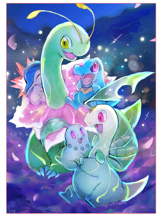 :d bayleef border chikorita commentary_request cyndaquil evolutionary_line glowing happy kantarou_(8kan) meganium night open_mouth outdoors petals pokemon smile totodile white_border yellow_eyes