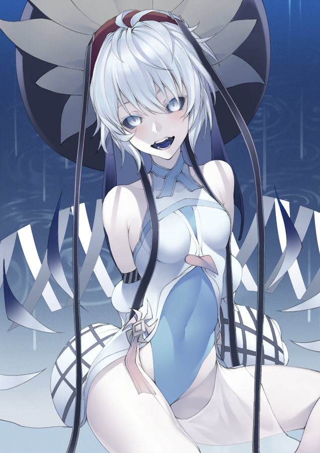 1girl bangs banned_artist black_headwear black_sclera breasts colored_sclera colored_skin dress fate/grand_order fate_(series) kyoeiki large_hat looking_at_viewer open_mouth puffy_sleeves short_hair small_breasts smile solo van_gogh_(fate) white_dress white_eyes white_hair white_skin