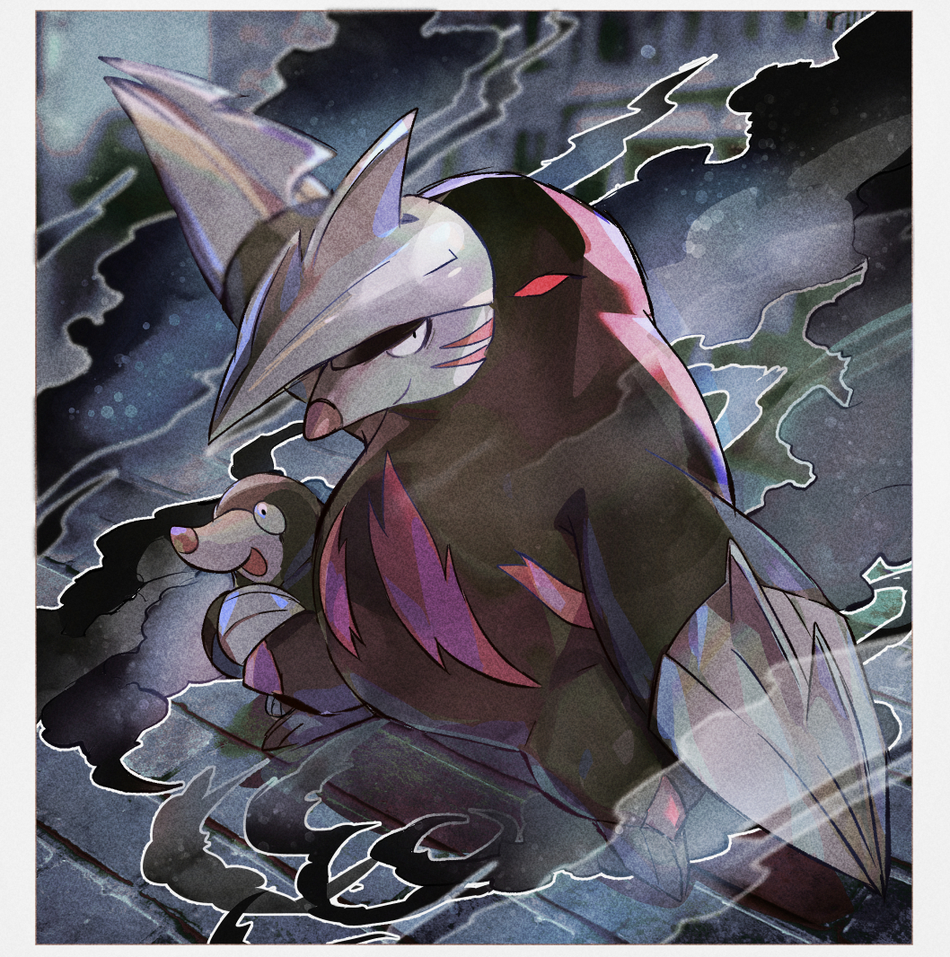 black_eyes blurry border claws closed_mouth commentary_request drilbur evolutionary_line excadrill kantarou_(8kan) looking_at_viewer no_humans pokemon pokemon_(creature) smile smoke standing white_border