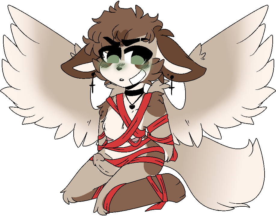 anthro bandage_on_face canid canine chest_scar choker ear_piercing eyebrow_piercing facial_piercing fennec fox green_blush green_eyes heart_(marking) heart_choker invalid_tag jewelry mammal necklace olivershiny piercing ribbons scar solo trans_(lore) wings wrapped