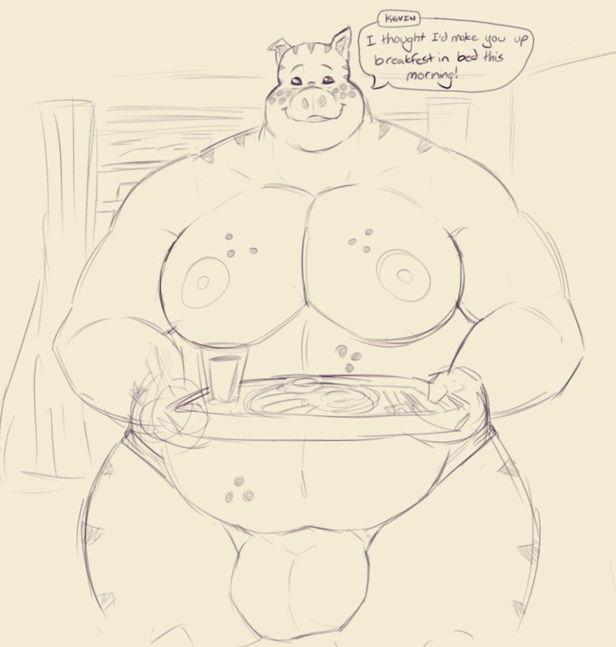 2022 animal_crossing anthro balls_outline belly bulge clothing domestic_pig food genital_outline humanoid_hands kevin_(animal_crossing) khronosz male mammal moobs nintendo nipples overweight overweight_male sketch solo suid suina sus_(pig) underwear video_games